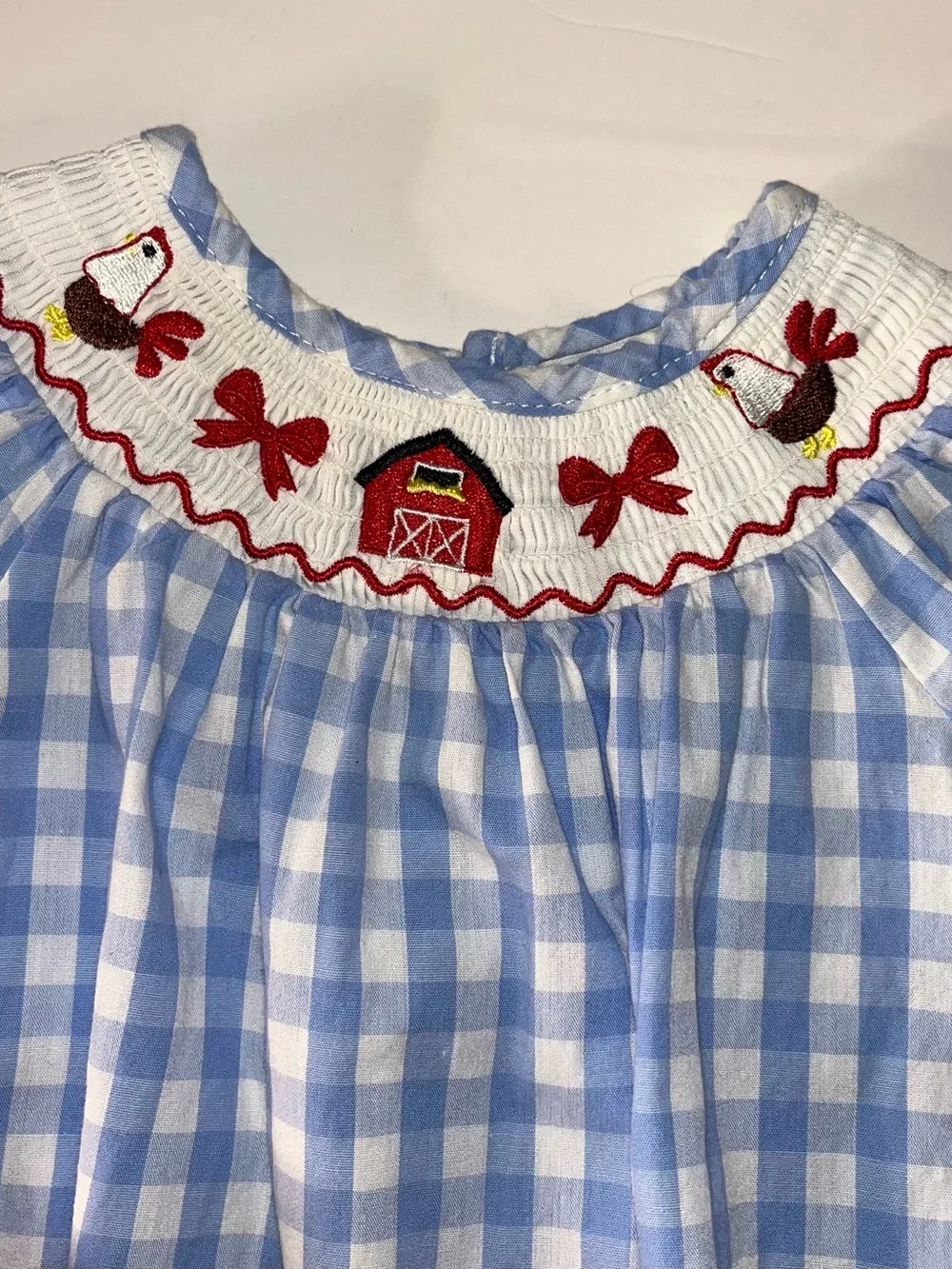 Blue Gingham Smocked Top and Red Bloomers Girls Chicken Red Barn Matching Set